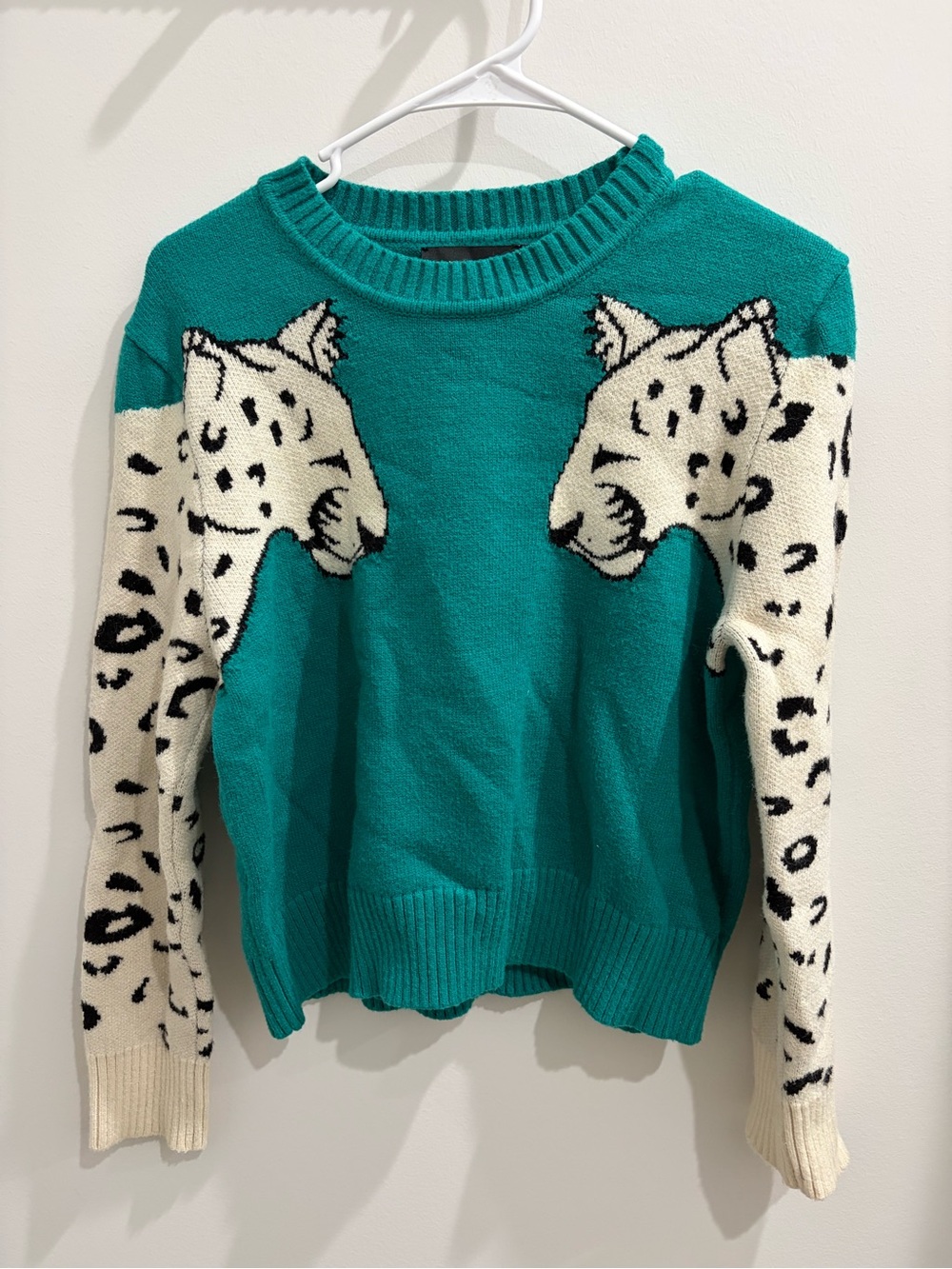MINKPINK Teal Crewneck Sweater with Cream Leopard-Print Sleeves